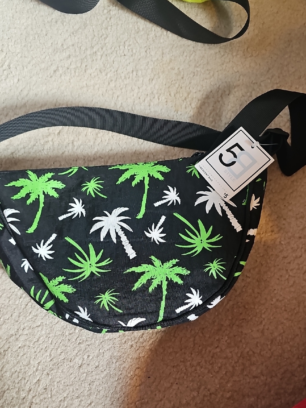 Unbranded Black Crossbody Bag with Green & White Palm Print